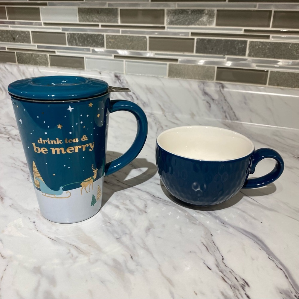 David’s Tea mug set Nordic Tea mug & steeper Drink Tea & be Merry reindeer